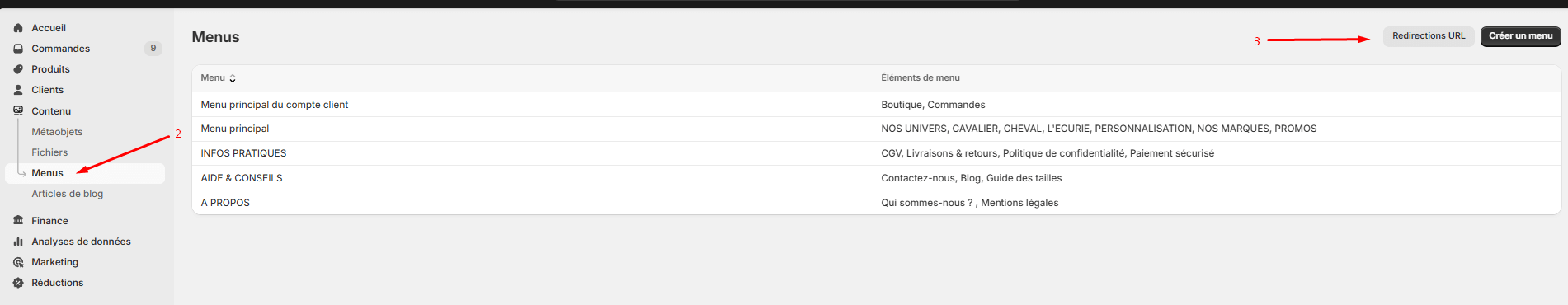 Menu Redirections d'URL dans l'administration Shopify