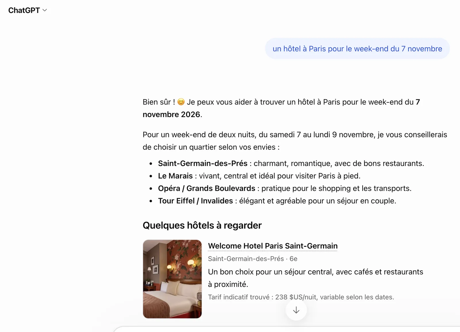 Réponse de ChatGPT à « un hôtel à Paris pour le week-end du 7 novembre » : quartiers conseillés, puis un hôtel avec un tarif indicatif en dollars