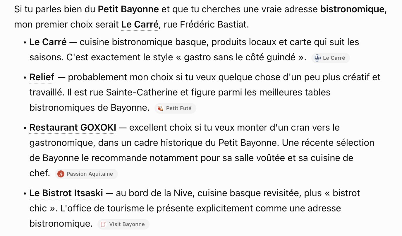 Réponse de ChatGPT sur une adresse bistronomique au Petit Bayonne, citant le site du Carré, le Petit Futé, Passion Aquitaine et Visit Bayonne