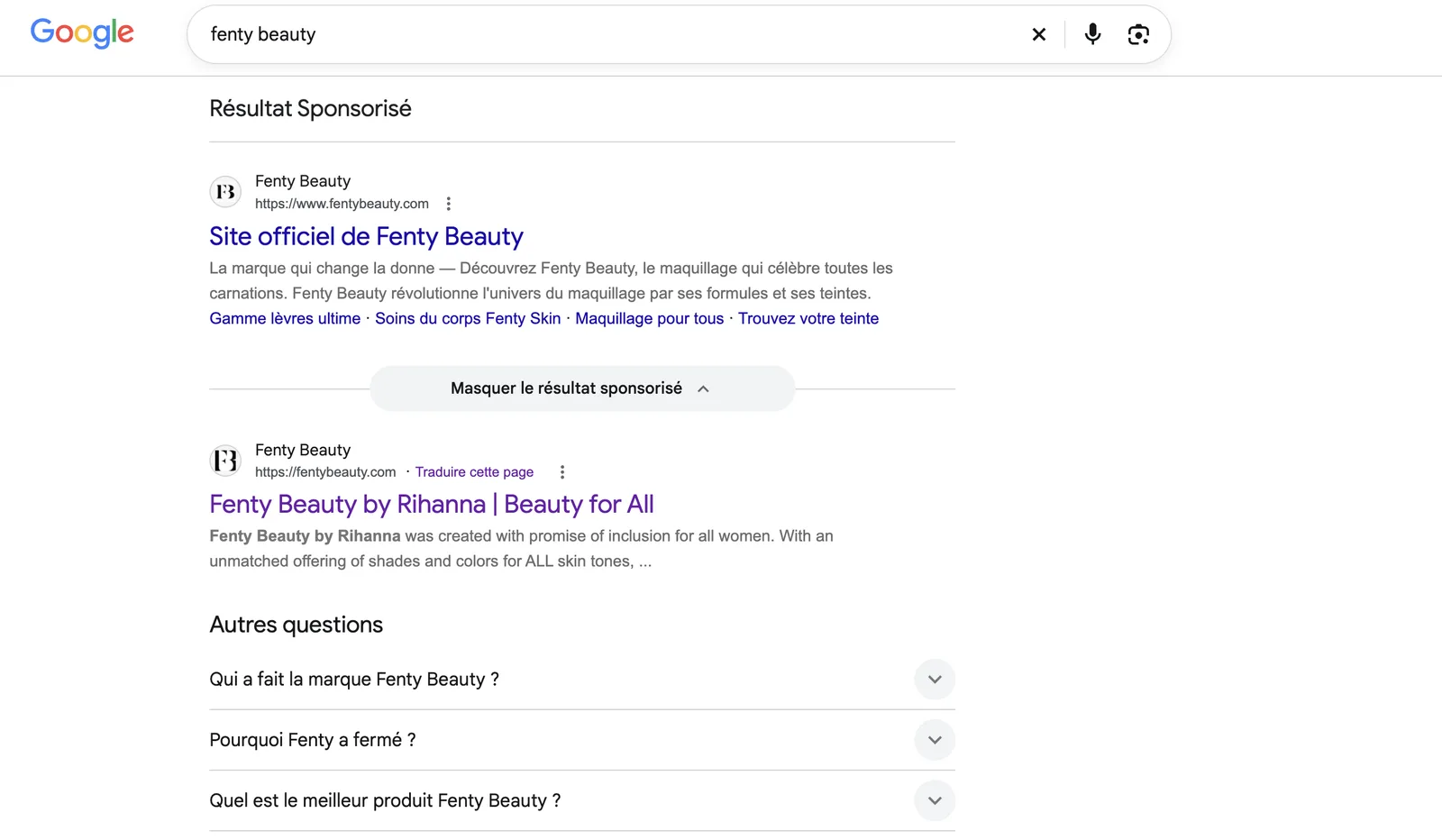 Annonce Google Ads de Fenty Beauty en français sur sa propre marque