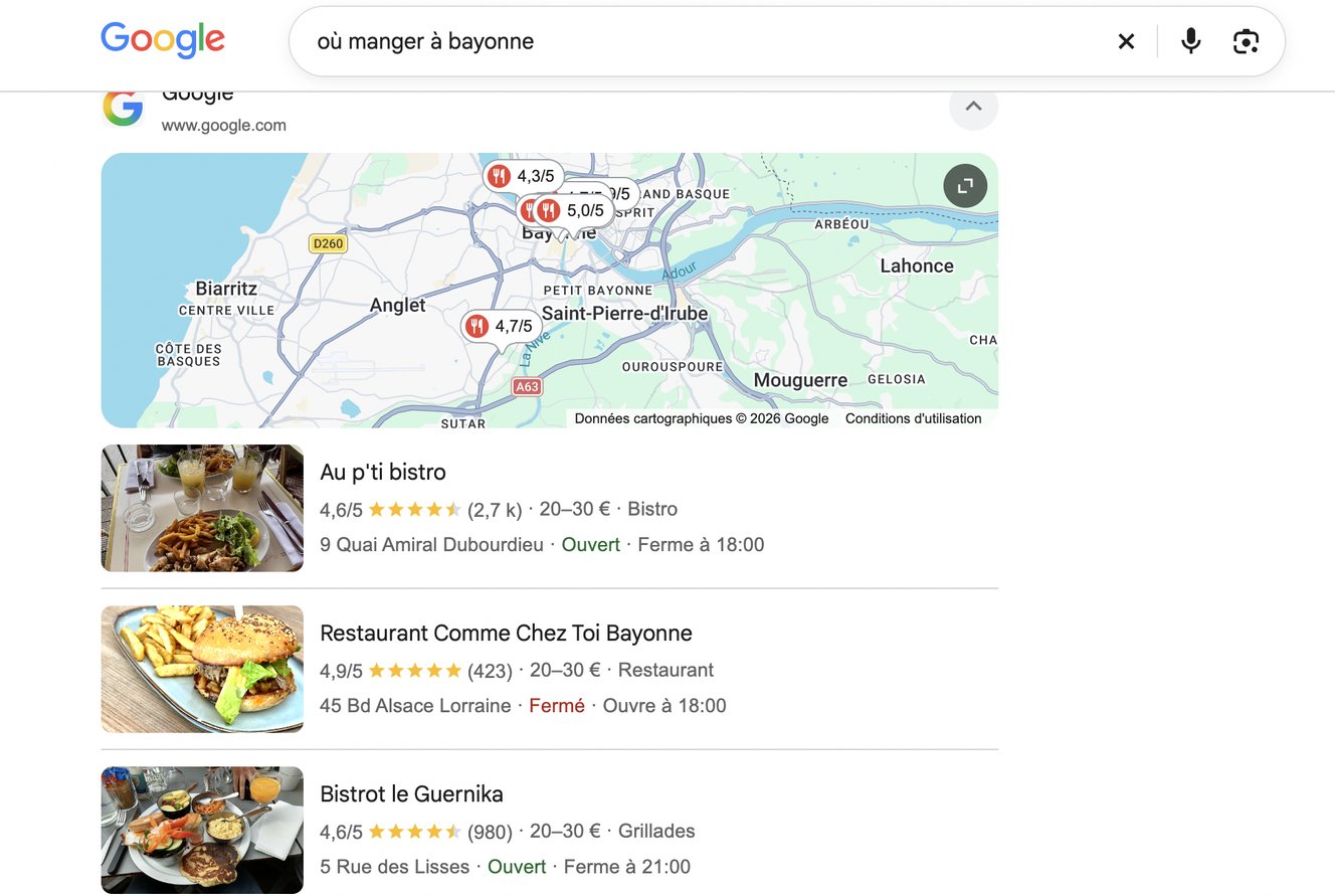 Pack local Google pour la recherche où manger à Bayonne : note, nombre d’avis, prix et horaires affichés avant le clic