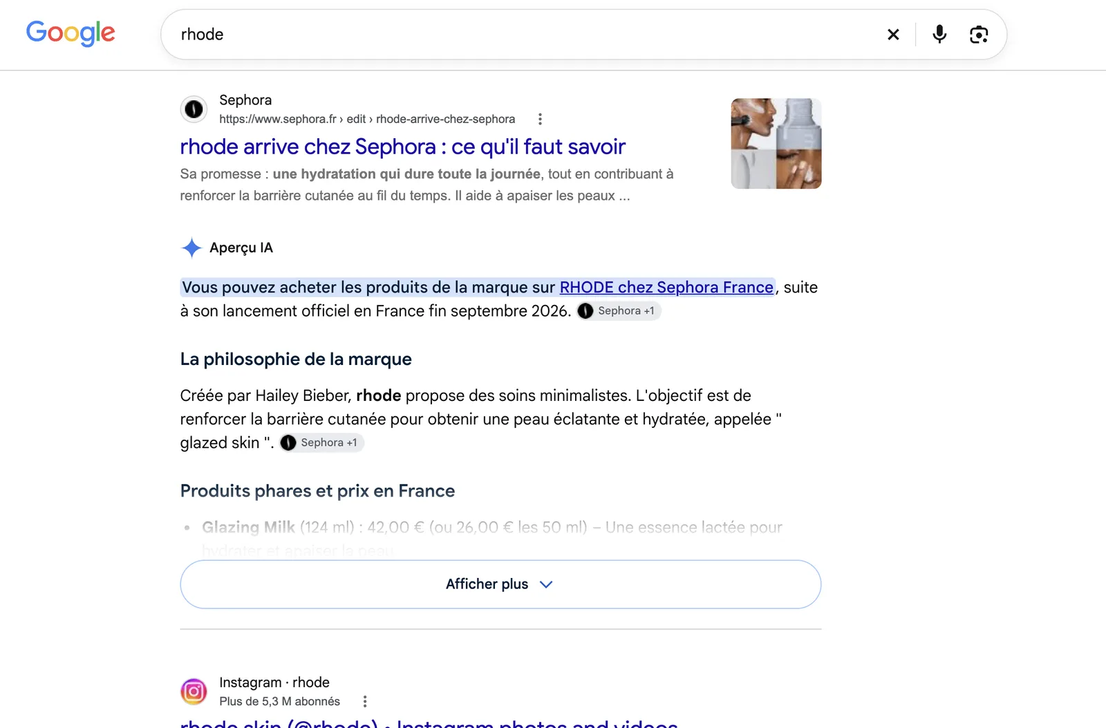Aperçu IA de Google sur rhode qui renvoie vers RHODE chez Sephora France