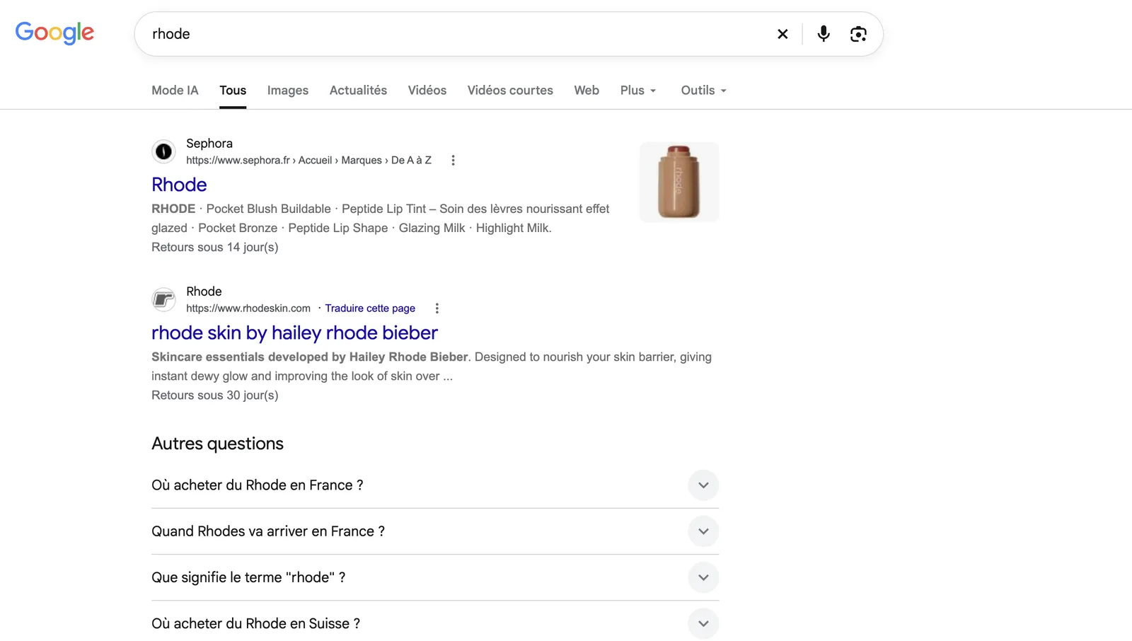 Résultats Google France pour rhode : Sephora en premier, rhodeskin.com en deuxième avec Traduire cette page