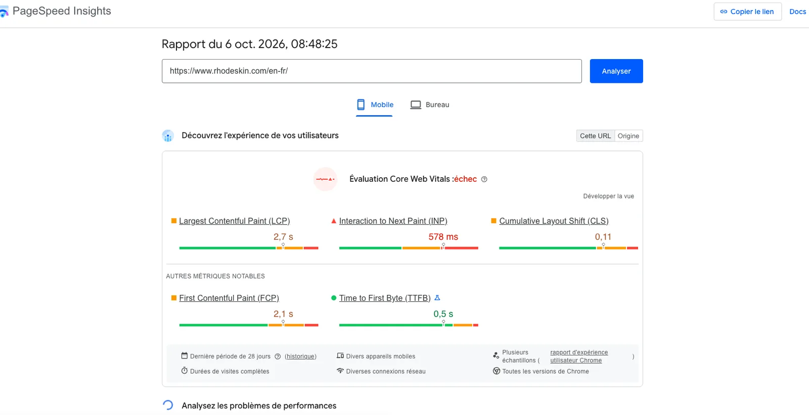 PageSpeed Insights : rhodeskin.com/en-fr échoue à l’évaluation Core Web Vitals sur mobile, INP de 578 ms